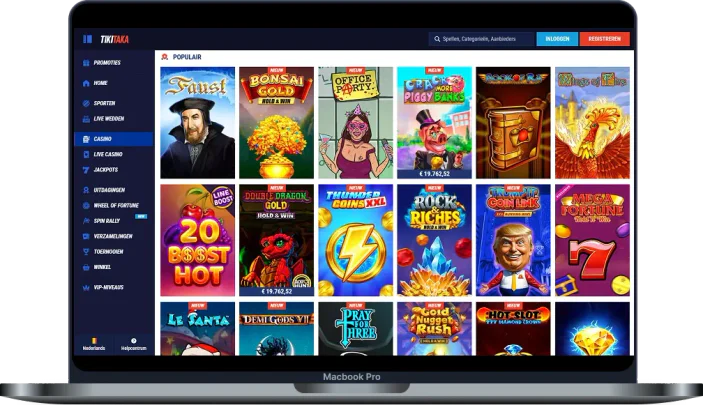 Slotcatalogus van Tikitaka Casino met populaire spellen, nieuwe releases en verschillende spelthema's